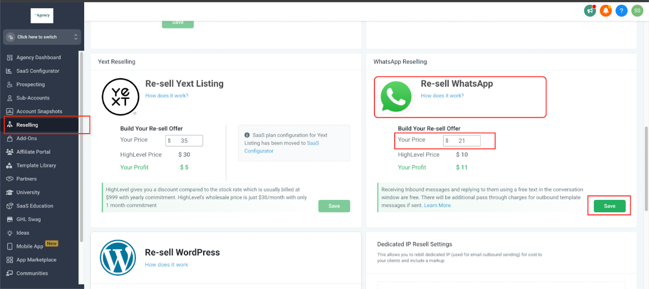 GoHighLevel WhatsApp Reselling pricing setup in Agency Dashboard