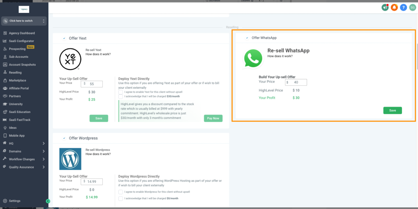 GoHighLevel WhatsApp pricing per client in Manage Clients section
