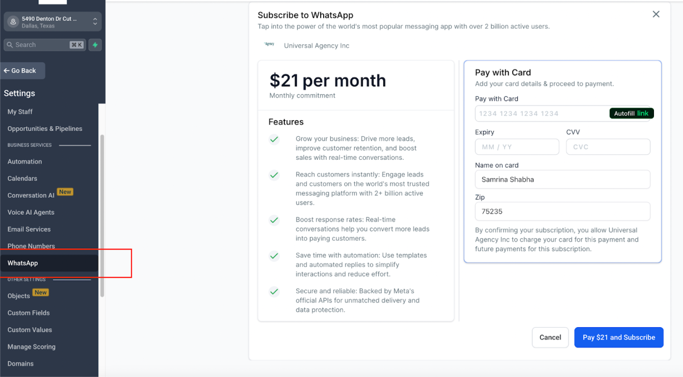 GoHighLevel WhatsApp Settings inside Sub-Account