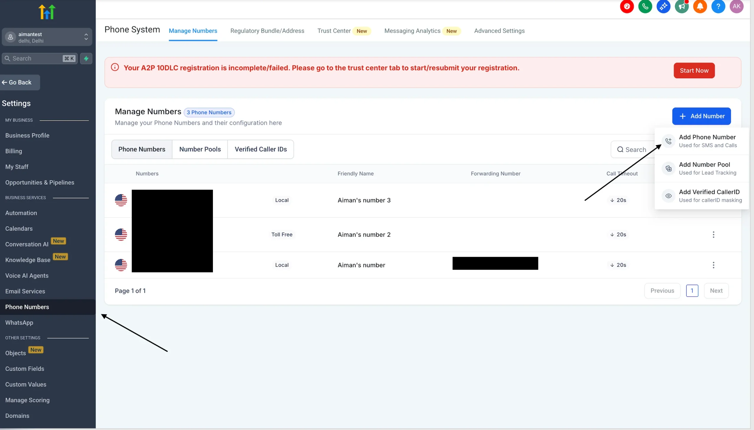 Phone number assignment in GHL Agent Studio